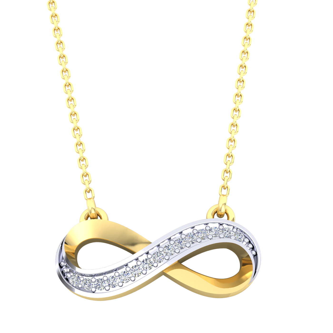 9k YG Infinity Diamond Pendant 15D=0.03ct with Oval Link Chain 45cm O-Ring at 43cm & 44cm 1.4mm wide . Meas. 6x14mm