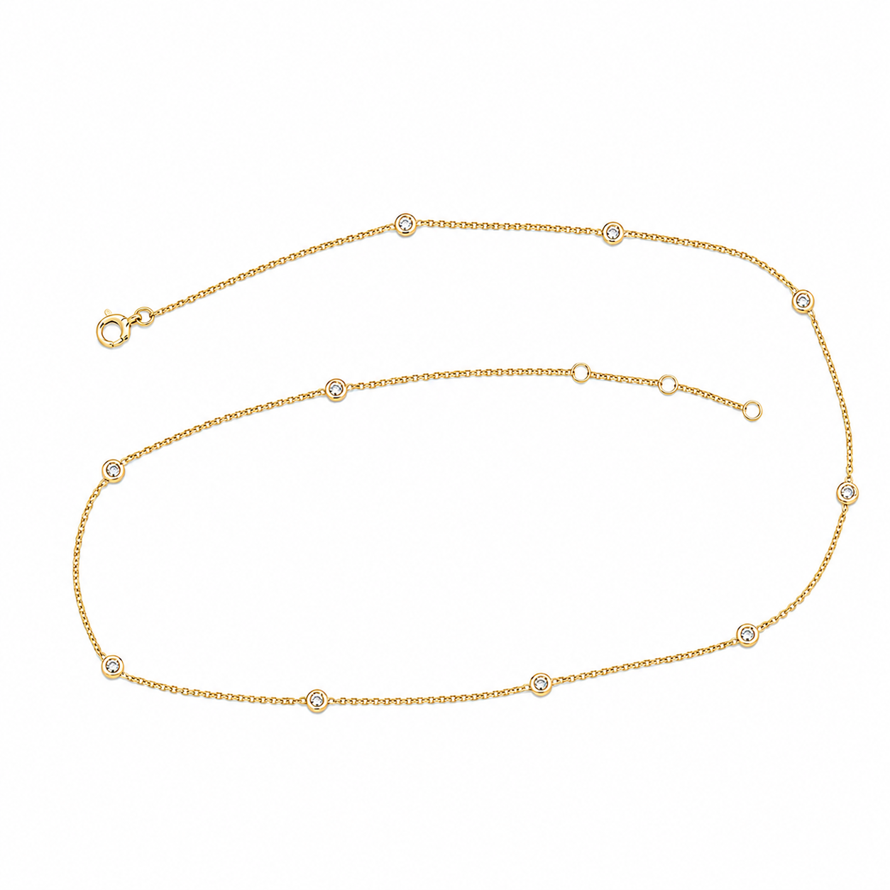 9k YG Solid Oval Link Diamond Bracelet 1.4mm Wide 50cm. Bezel Set with 11D=0.55ct. O-Rings at 47 & 48.5cm