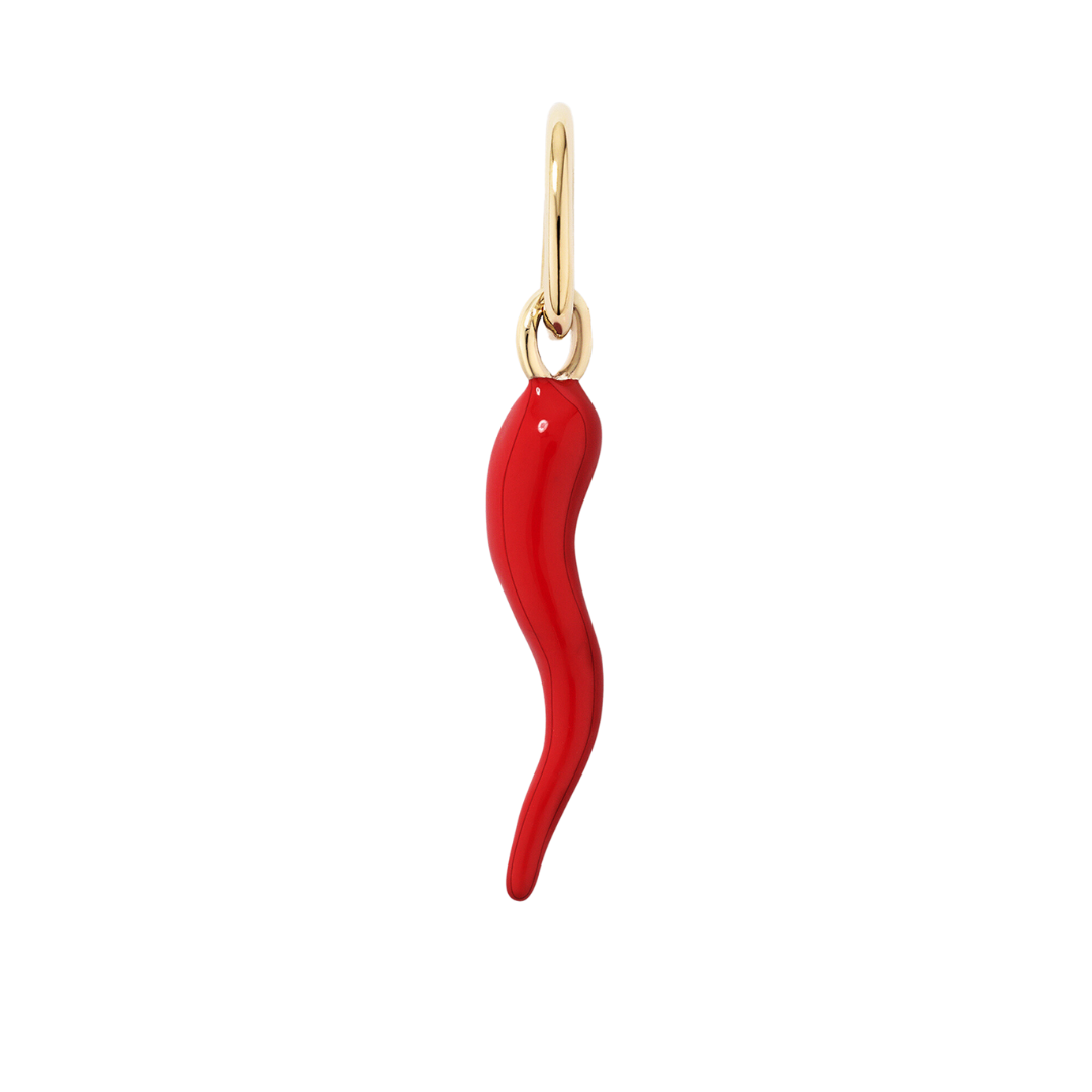 9k YG Hollow Large Corno Horn Pendant with Red Enamel.