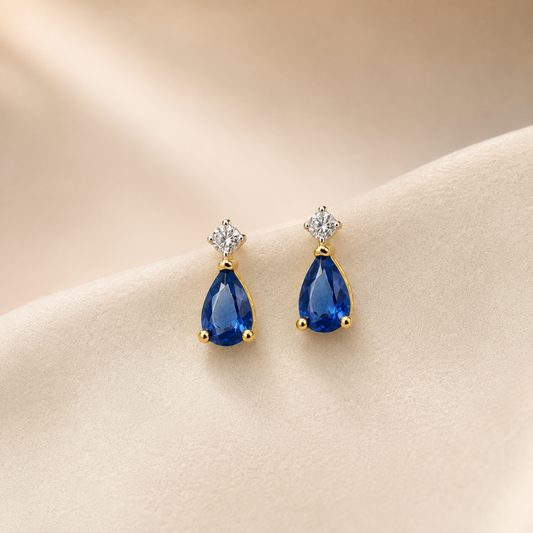 9k YG 0.05ct Blue Sapphire Pear Shaped Studs Earrings