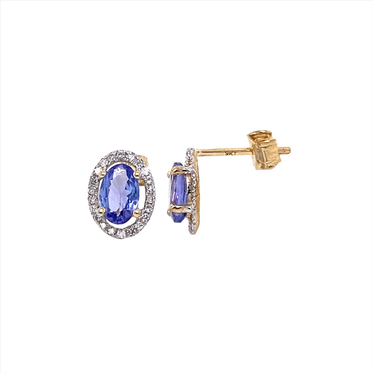 9k YG Diamond & Tanzanite Stud Earrings 44D=0.13ct & 2Tanz=0.90ct