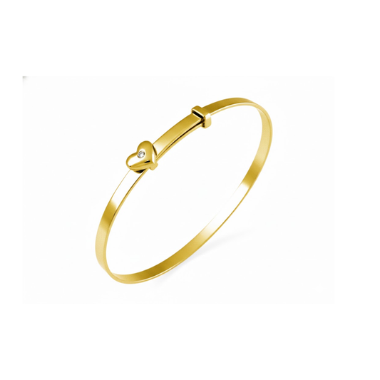 9k YG Solid Adjustable Baby Bangle 2.5mm wide . With heart charm 1D=0.01ct.