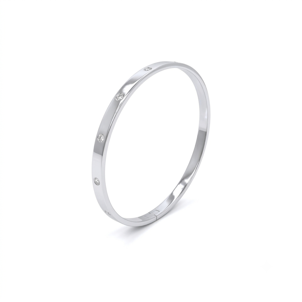 9K WG Diamond Oval Hinged Bangle 5mm Wide. 52x44mm internal diameter. 5D = 0.30ct G/SI