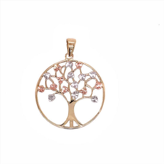 9k 3T Tree of Life Pendant with Diamond Cut Leaves, 25mm