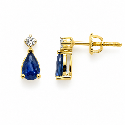 9k YG 0.05ct Blue Sapphire Pear Shaped Studs Earrings