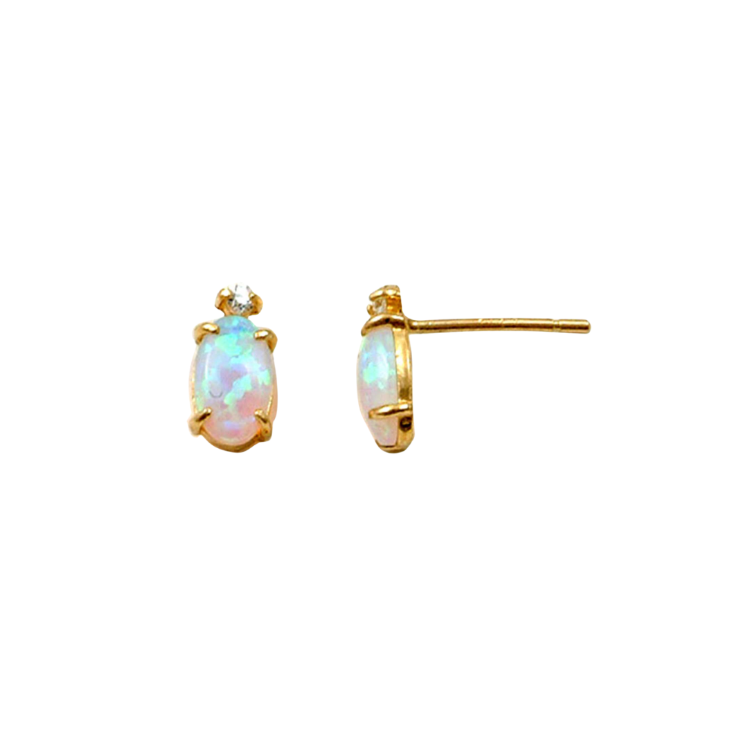 9k YG CZ Oval Syn Opal Stud Earrings 7.5x4mm