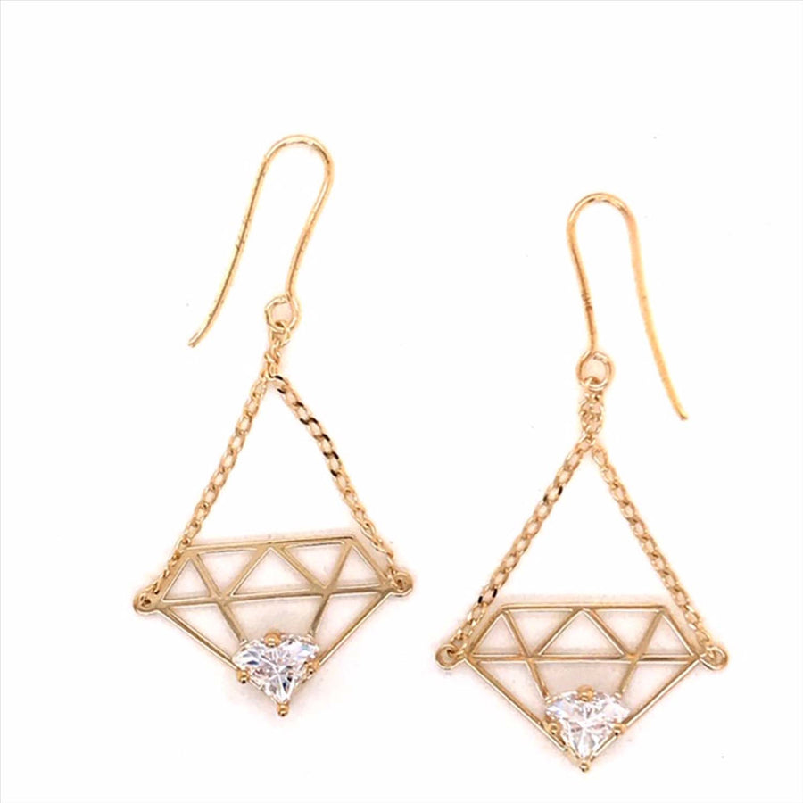 9k YG Drop Diamond Symbol & CZ Shepherd Hook Earrings Meas. 12x16mm