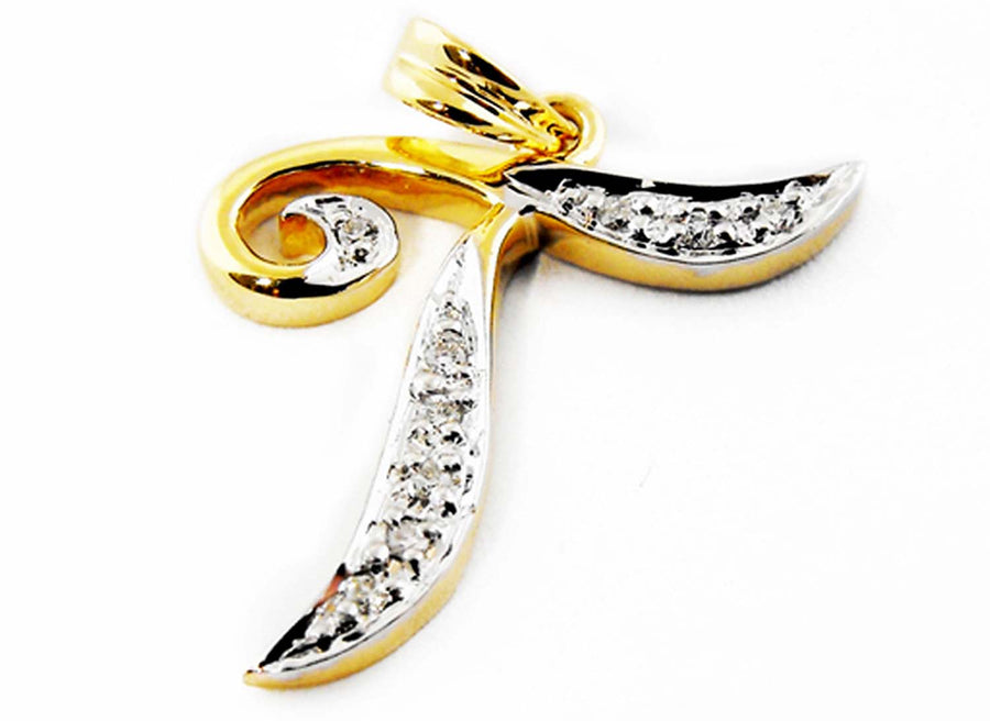 9k YG Diamond Script Letter Pendant T with 8D=0.03ct. 15mm