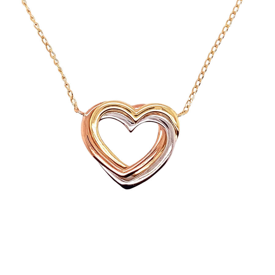 9k 3T Triple Heart Pendant with Oval Link Chain 45cm O-Ring at 43cm & 44cm 1mm Wide . Meas. 18x20mm