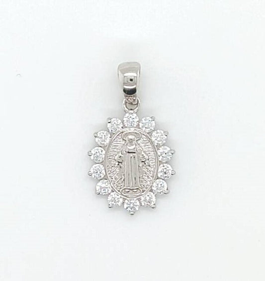 WG CZ Flower Pendant with Miraculous Madonna . 11.5x14mm