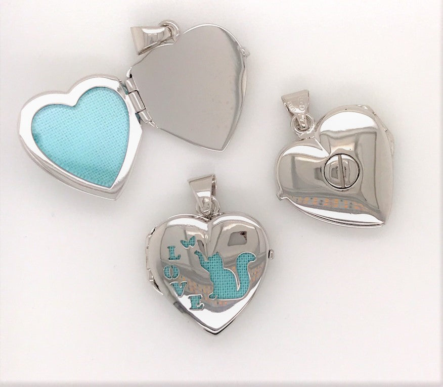 925UR021- 925 Laser Cut Cat/Love Heart Memorial Locket 20mm