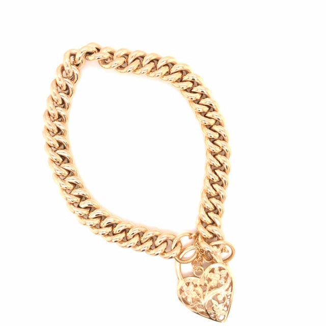 9k YG Hollow Curb Bracelet 8.5mm wide 19cm . with Safety-Chain & Filigree Padlock Approx 15.7g