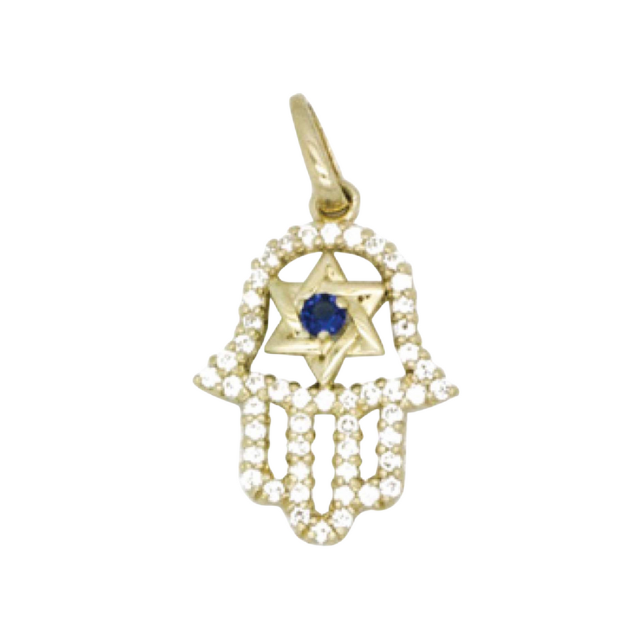 9k YG Solid Hand of Faith Pendant with CZs & Sapphire in Star Centre . 14x12mm