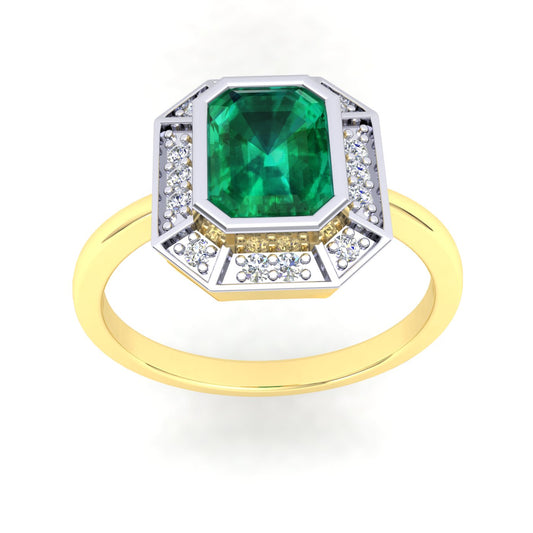 9k 2T Emerald & Dia Ring YG band and WG setting set with 1Em=1.0ct & 14D=0.11ct. Size Q.