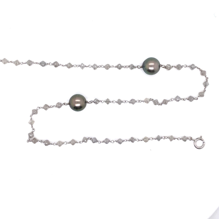 18k WG Natural Grey Diamond and Grey Tahitian Pearl Chain 90cm. 7x8-8.5mm Tahitian Pearl. Grey Diamond Weight 22.05ct.