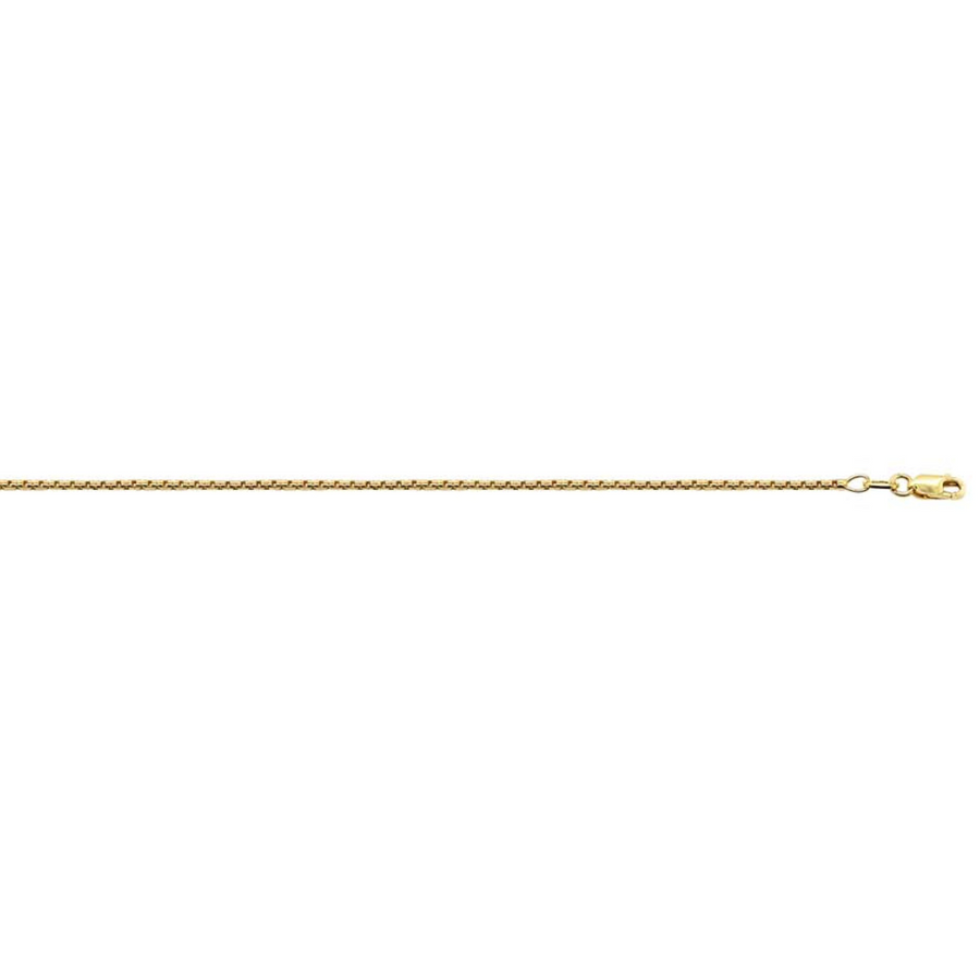 9k YG Round Box Chain 1.55mm wide 55cm. This is an evening piece not suitable for everyday wear. To prevent damage, chain should be stored flat in a protective box. Approx. 7.55g