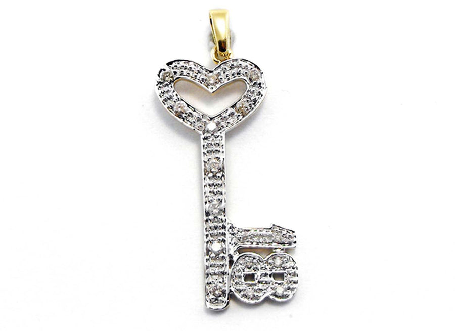 9k YG Diamond Key with No. 18 Pendant 16D=0.35ct Grain Set . Meas. 33mm x 15mm
