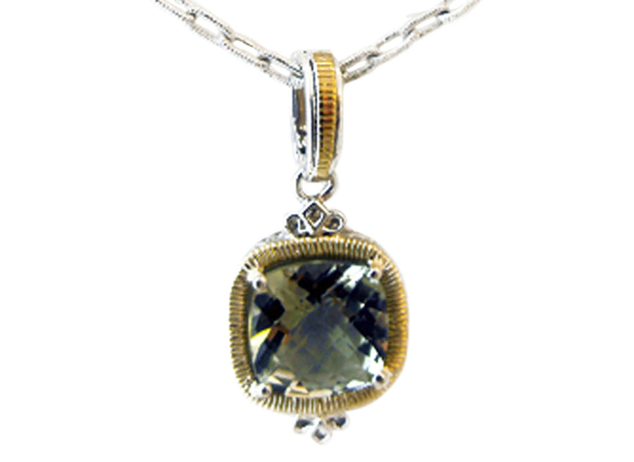 14k & 925 Fancy Green Amethyst Cushion Pendant Attached to 925 Oval Link T-Bar Chain  45cm.