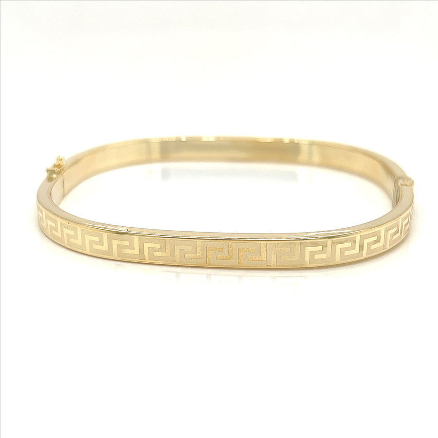 9k YG Flat Square Polished Greek Design Hinged Bangle 5mm. Inside Diameter 60x52mm