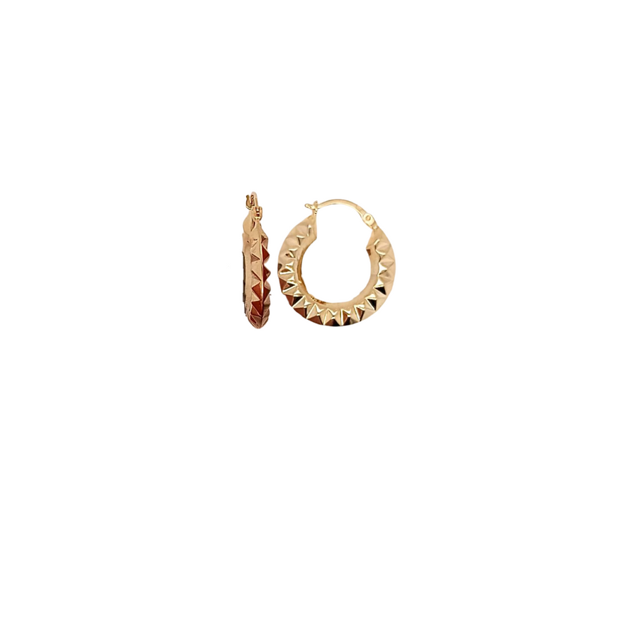 9k YG Knife Edge Textured Hoop Earrings 15mm Diameter. 5mm Wide