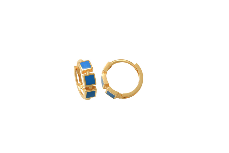 9k YG Blue Enamel Squares Huggies 10mm