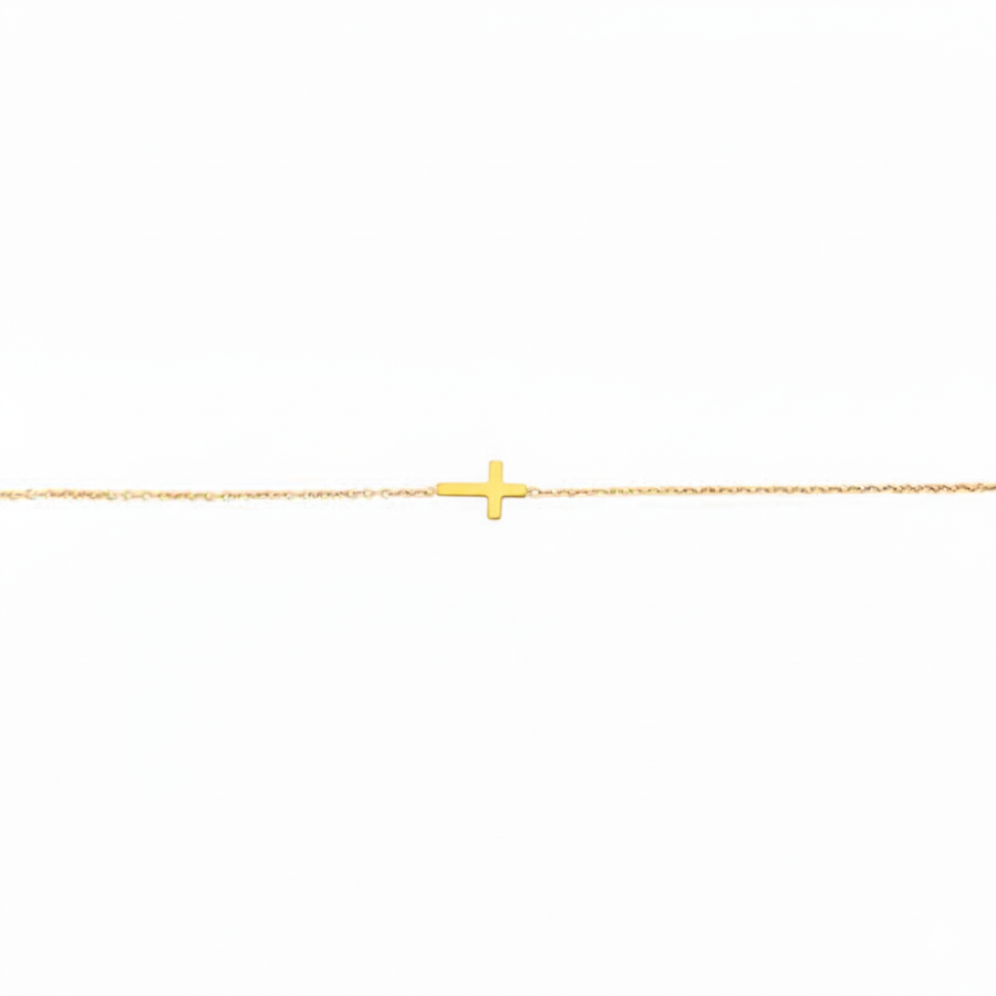 9k YG Italian Solid Oval Link with Cross Bracelet 1.1mm wide 19cm . Incl 2cm adjustable links Approx 1.1g