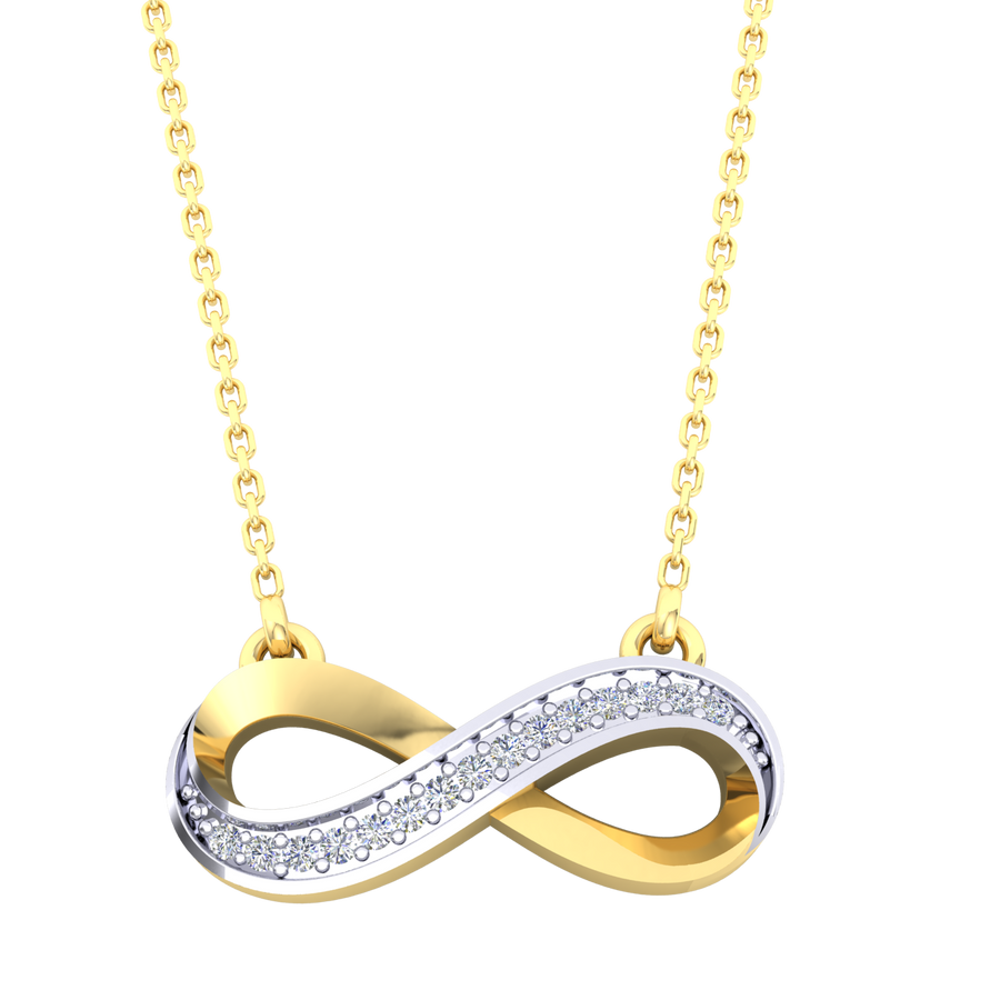 9k YG Infinity Diamond Pendant 15D=0.03ct with Oval Link Chain 45cm O-Ring at 43cm & 44cm 1.4mm wide . Meas. 6x14mm