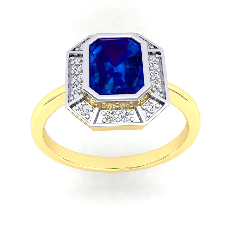 9k 2T Sapphire & Dia Ring YG band and WG setting set with 1Sapp= & 14D=0.11ct. Size P.