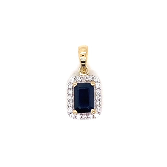 9k 2T Diamond & Natural Sapphire Pendant 20D=0.10ct & 1Sapp (6x4mm)=Approx 0.60ct Claw Set . Meas. 9mm x 7mm