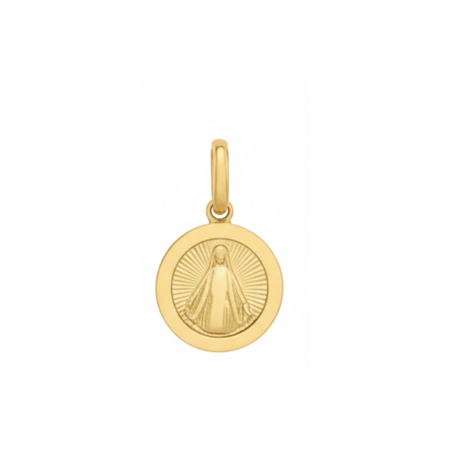 9k YG Miraculous Madonna, Radiant Round Pendant, 12mm