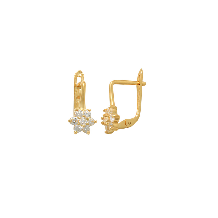 9k YG CZ Euro Clip Earrings 9x6mm Diameter. Flower with clear stone