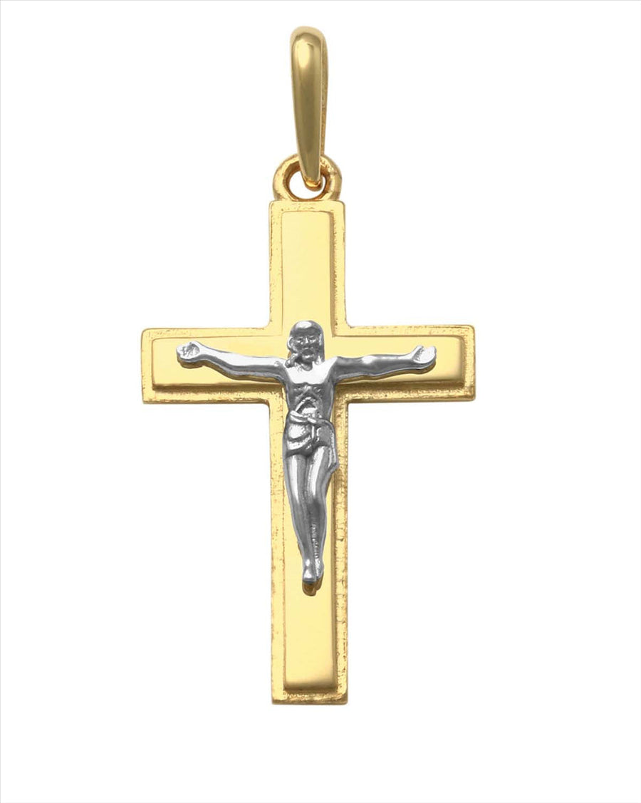 9k 2T Solid YG Boarded Crucifixion Pendant with WG Christ 16.8mm x 10.6mm