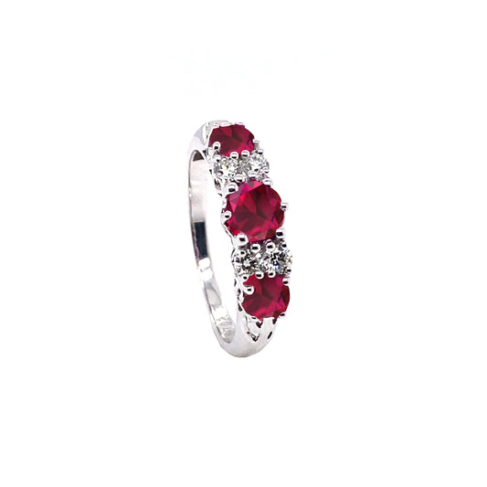 18k WG Ruby & Diamond Ring 3Ru=1.3ct & 4D=0.26ct