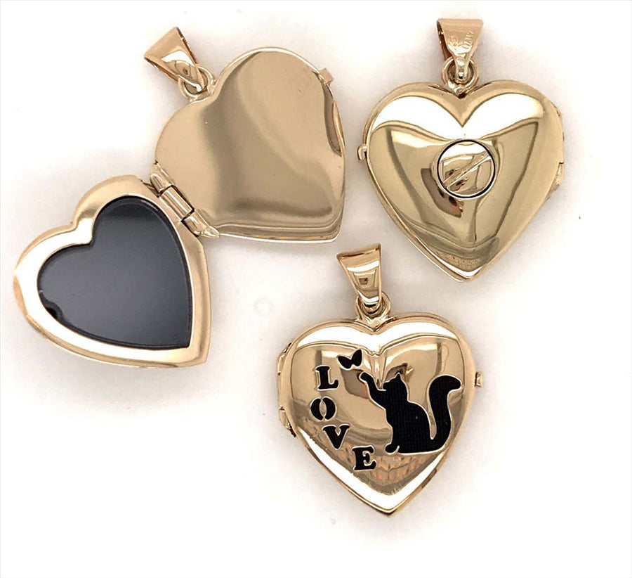 9k Yellow Gold Laser Cut Cat & Love Heart Memorial Locket 20mm