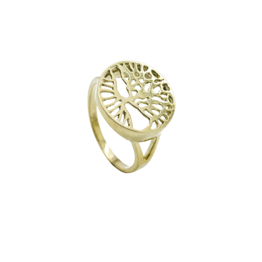 9k YG Circle  Tree of Life Ring. Size Q1/2. 16 mm wide.