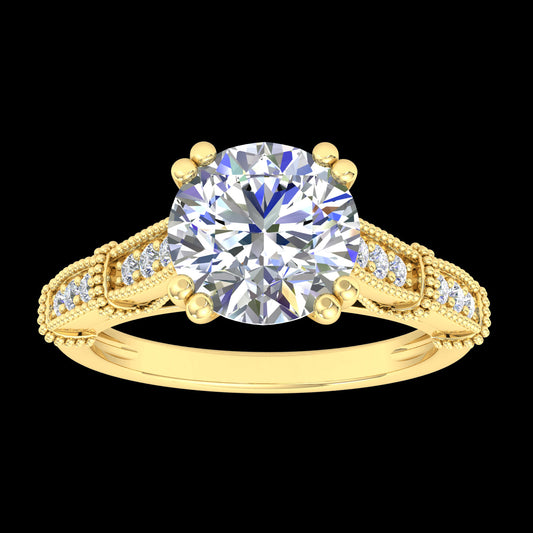 "Beth" 9k YG 7mm (1.2ct) CZ Cathedral Set Solitare Ring with filigree design and peekaboo diamond under bezel. Includes matching wedding band. Size N