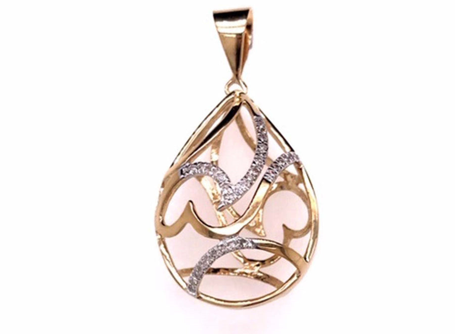 9k YG Diamond Tear Drop Pendant With V Bail 32D=0.10ct. Grain Set . Meas. 26mm x 18mm
