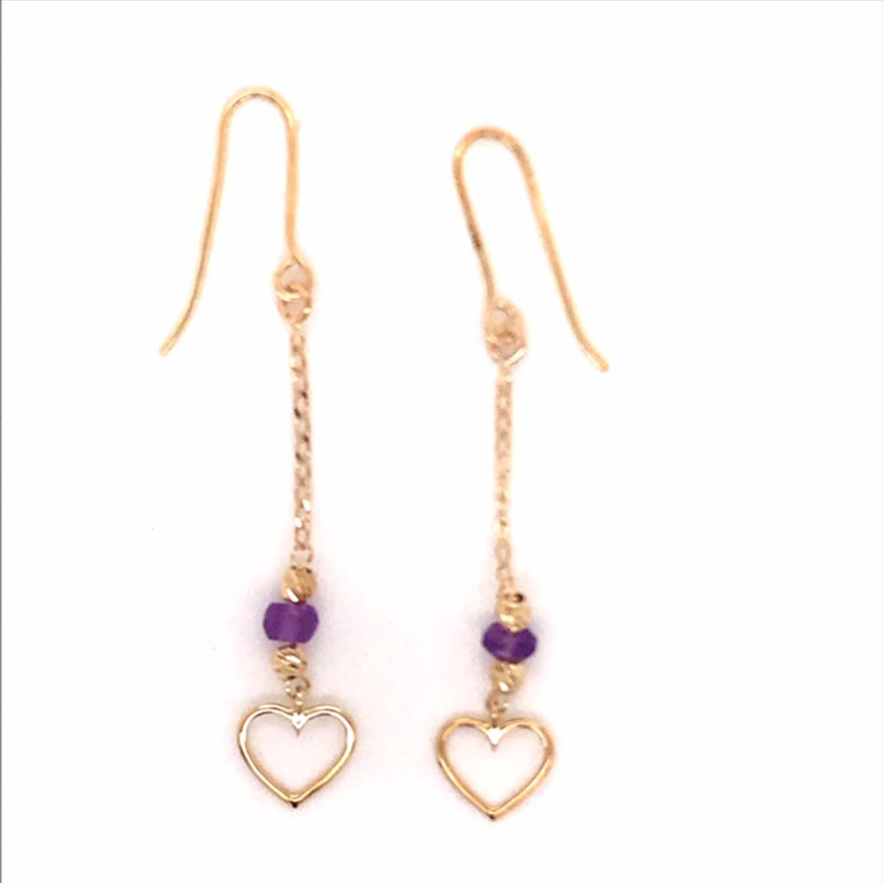 9k YG Drop Heart & Amethyst Shepherd Hook Earrings 4mm