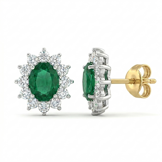 9k 2T Diamond & Emerald Cluster Studs
