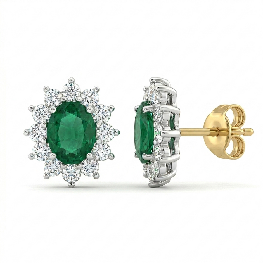 9k 2T Diamond & Natural Clarity Enhanced Emerald Cluster Stud Earrings 20D=0.50ct & 2Em (4x5mm)=0.80ct