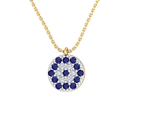 9k YG Diamond & Sapphire Circle Pendant with Oval Link Chain 45cm with O-Ring at 42cm & 43cm 6D=0.06ct & 13Sapp=0.18ct Claw Set . Meas. 7.6mm