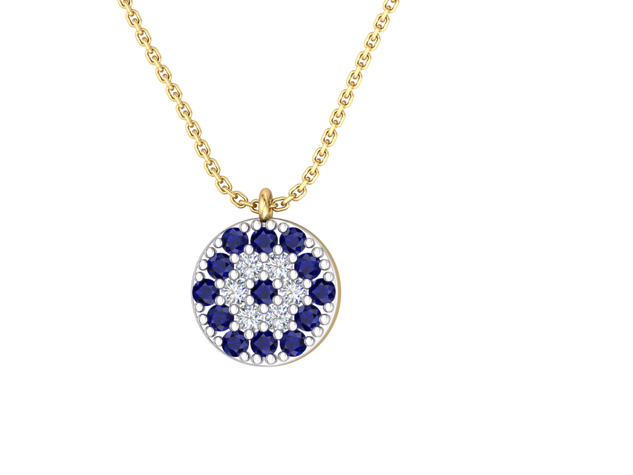 9k YG Diamond & Sapphire Circle Pendant with Oval Link Chain 45cm with O-Ring at 42cm & 43cm 6D=0.06ct & 13Sapp=0.18ct Claw Set . Meas. 7.6mm