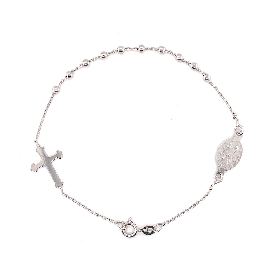 9k WG Italian Solid 2.5mm Balls Oval Link Chain 0.70mm wide 60cm with Miraculous Madonna plus 10cm drop with cross Approx 6.8g