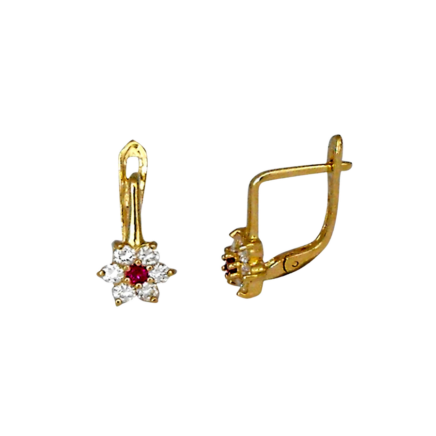 9k YG CZ Euro Clip Earrings 9x6mm Diameter. Flower with Red stone in centre