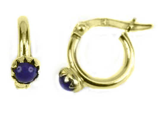 9k YG Round Hoop Earrings Dark Blue Stone. 1.8mm Wide