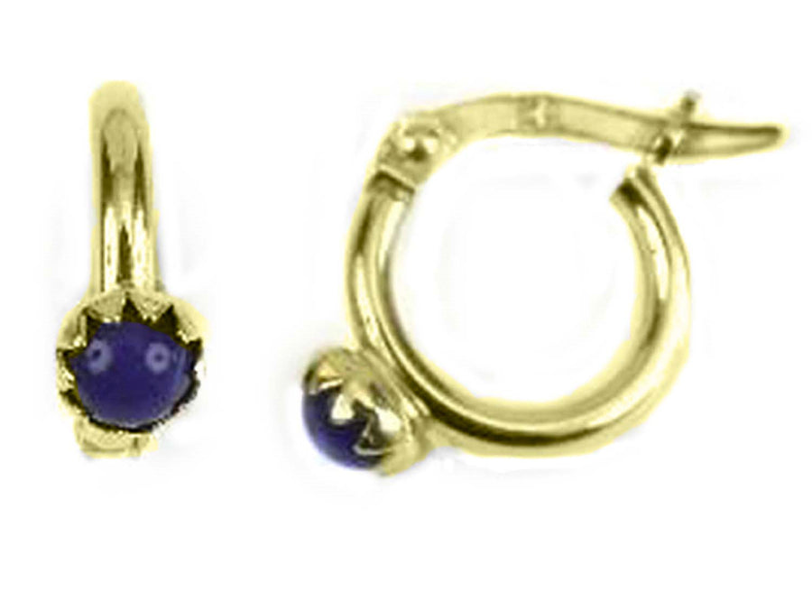 9k YG Round Hoop Earrings 4mm Dark Blue Stone 8mm Diameter. 1.8mm Wide