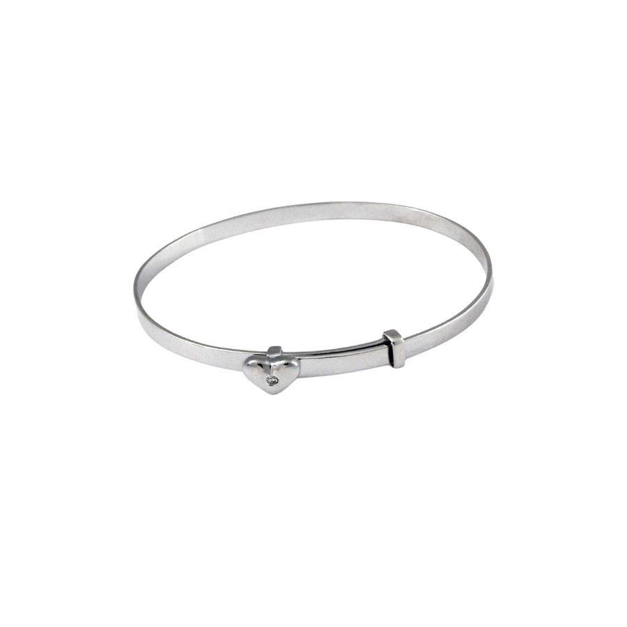 9k WG Solid Adjustable Baby Bangle 2.5mm wide . With heart charm 1D=0.01ct.