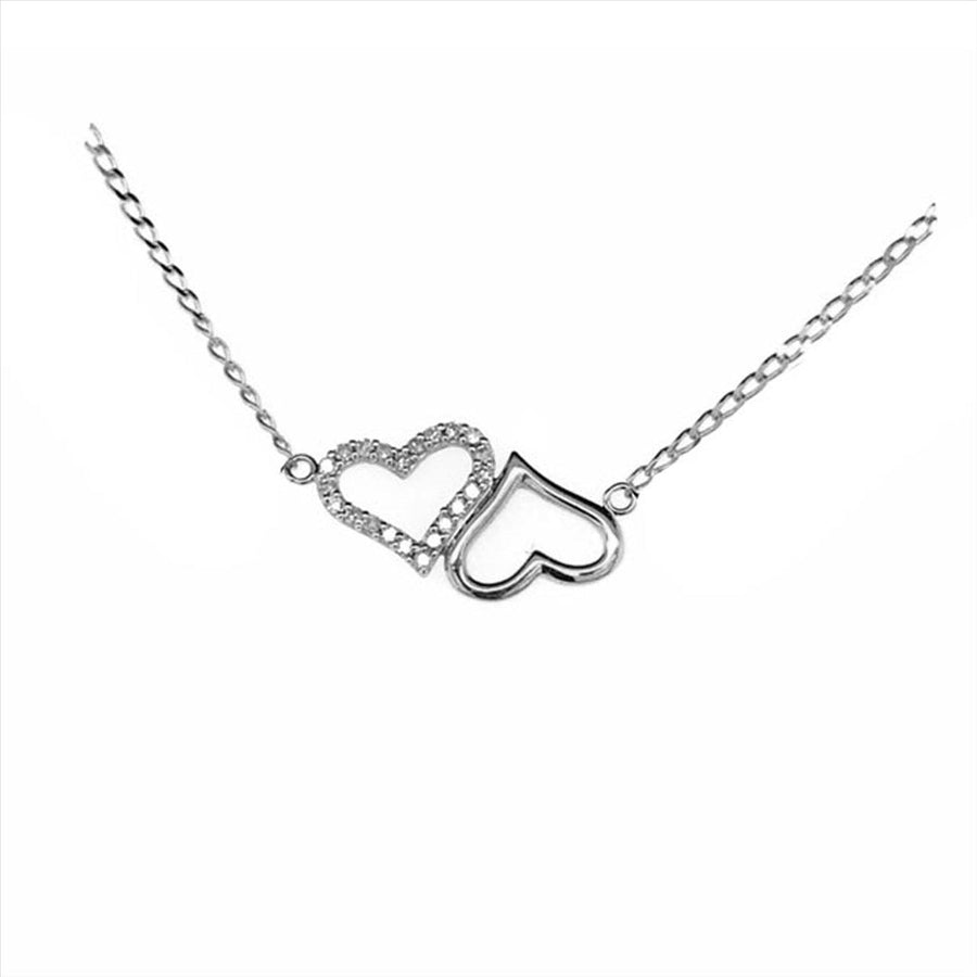 9k WG Double Heart Diamond Pendant 22D=0.09ct with Oval Link Chain 45cm O-Ring at 43cm & 44cm 1mm Wide . Meas. 9x15mm