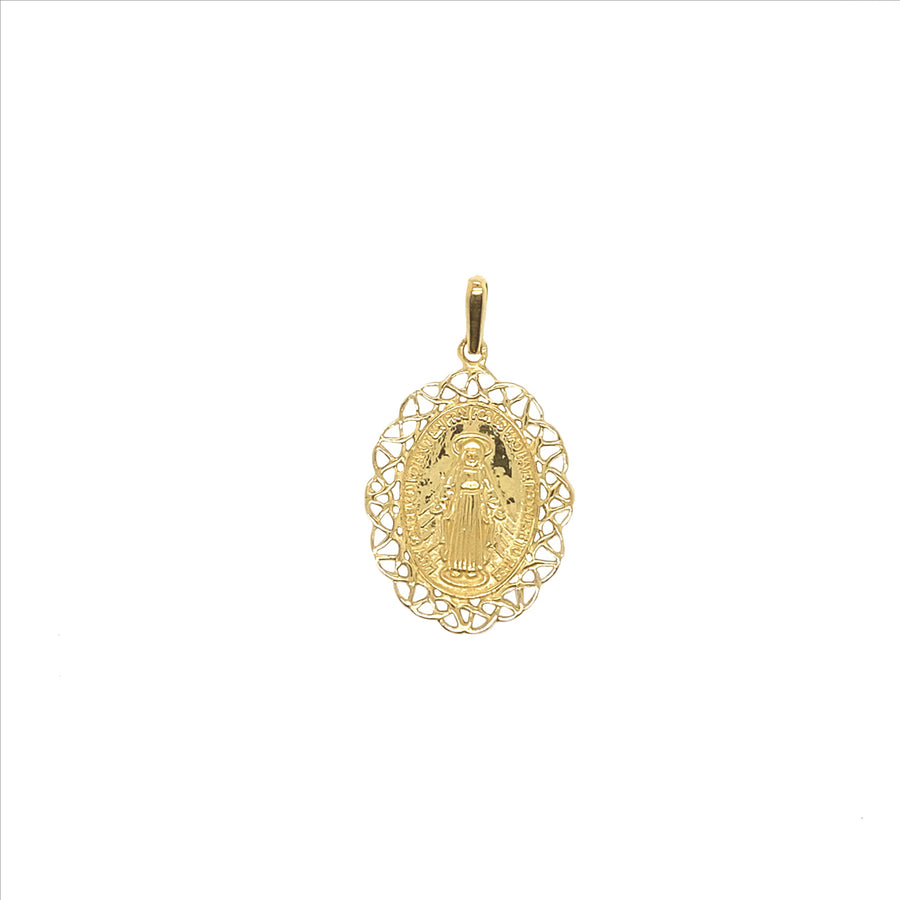 18k YG Solid Miraculous Madonna Oval Pendant with Fancy Border . 15x20mm