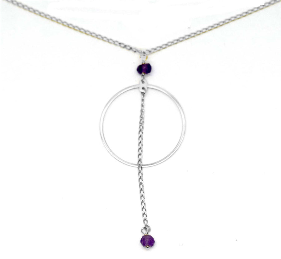 9k WG Circle Drop Amethyst Pendant with Oval Link Chain 45cm O-Ring at 43cm & 44cm 1mm Wide . Meas. 19mm